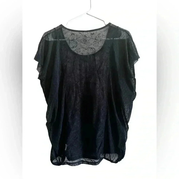 Free People Blue Floral Lace Stretchy Mesh Blouse Top Raglan Short Sleeve Sz S/P - Picture 4 of 12